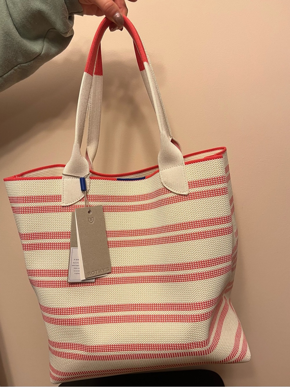Rothy's Striped Lightweight Knit Tote Bag - Coral and Cream - Picture 5 of 7